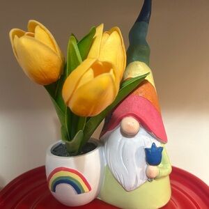 Colorful Gnome with Tulips in Rainbow Pot